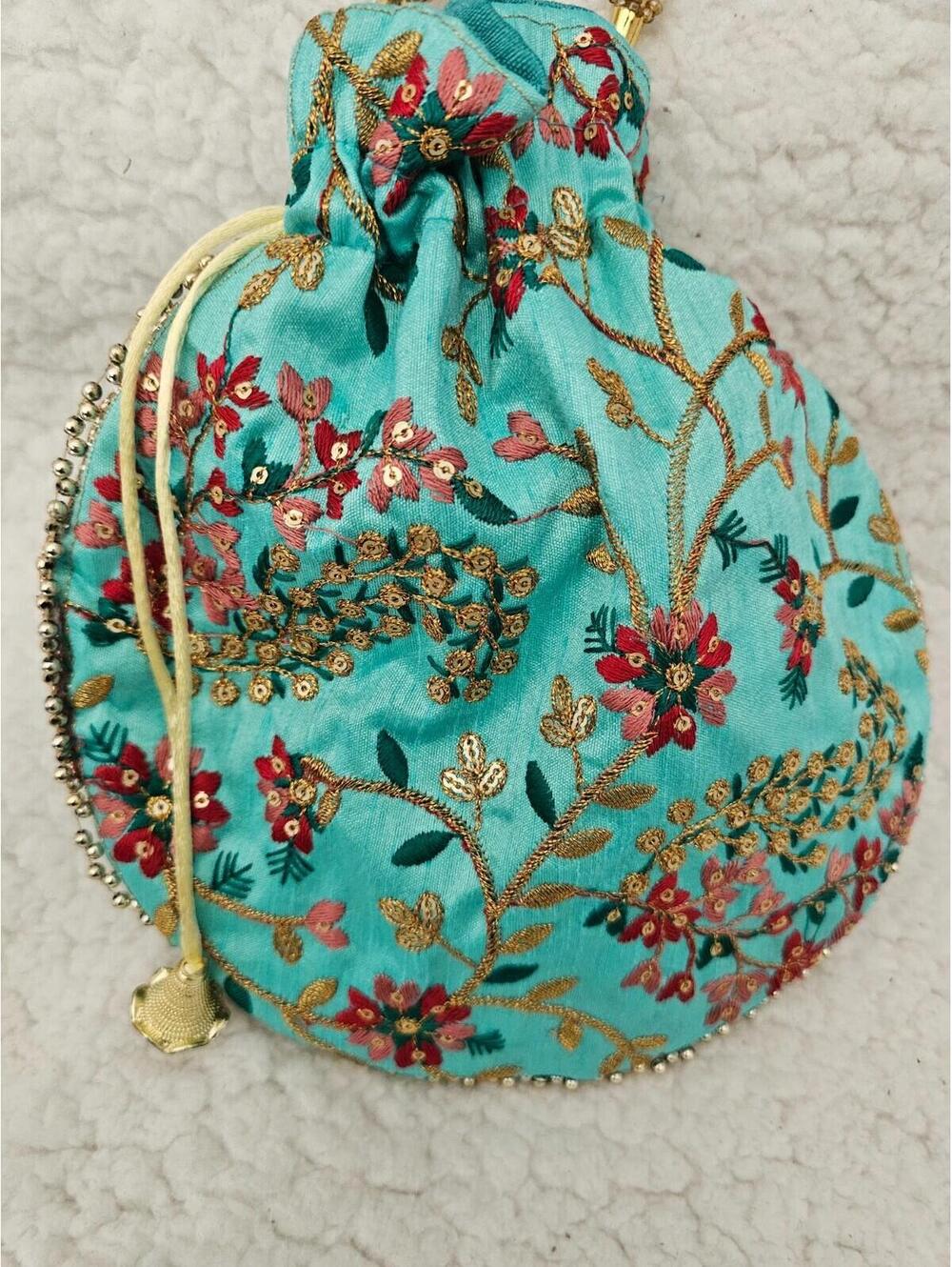 New Handmade Potli Bag Pouch Beads Embroidered Small Boho Multicolor 15.5 Long - Picture 10 of 13